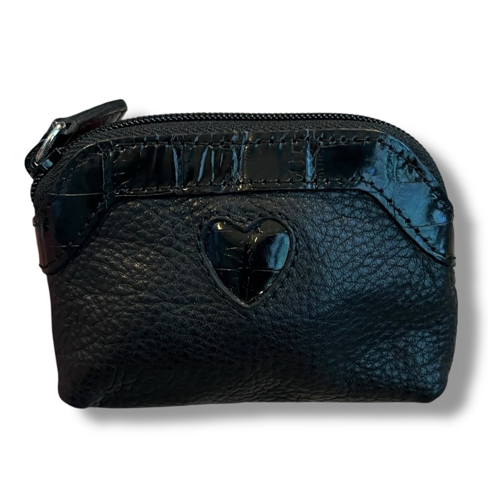 Brighton Mini Zip Coin Purse Pouch Black Leather Heart Inset Lined 4" x 3"
